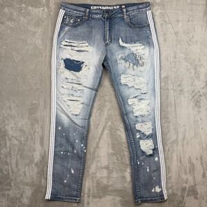 Grindhouse Denim Mens 38x33 Distressed Side Stripe Blue Paint Splatter Jeans